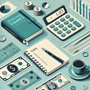 Notebook with financial notes, a calculator, money (bills and coins), and a cup of coffee on a clean, organized desk. Personal finance essentials for beginners.